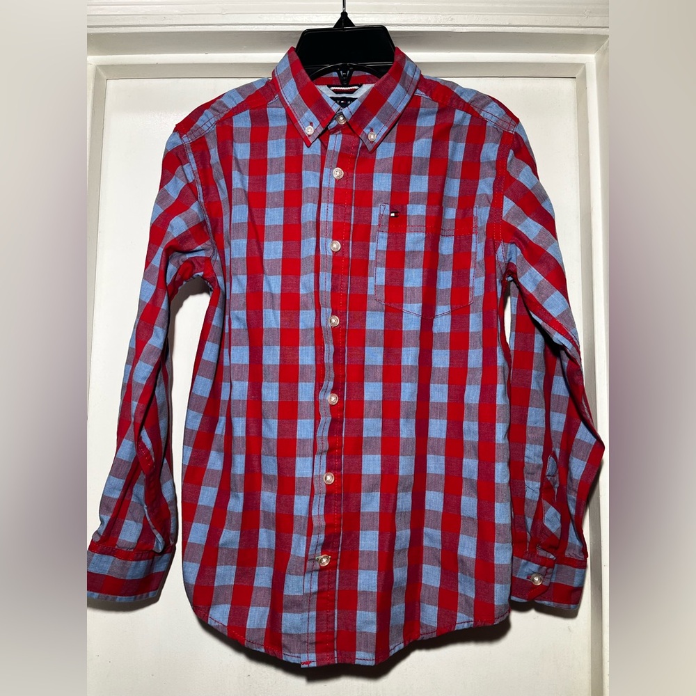 Tommy Hilfiger Boy's Red and Blue Plaid Shirt
